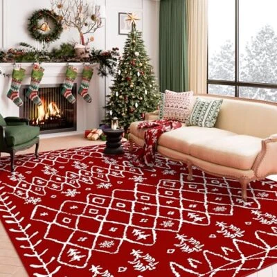 Christmas Area Rug 8x10 Red Snowflake Boho Decorative Living 8'x10' Boho | Red