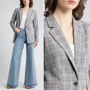 Nordstrom British Plaid Longline Blazer Gray Dark Academia Office Career 1X NWT