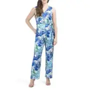 Nicole Miller Blue & White 16 Tropical Print Sleeveless Jumpsuit With Sash Tie