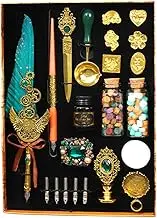 Quill Pen Ink Notebook Set, Includes Feather Pen, Notebook, 5 Replaceable Nibs, Ink, Pen Holder, Seal Stamp, Spoon, Wax Beads, White Wax calligraphy set for Writing Letters Diary (Green)
