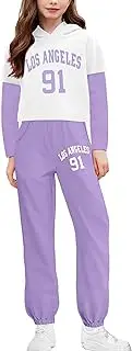 [WIQI] Girls 2 Piece Outfits Patchwork Letter Print Sweatshirt and Pants Fall Winter Cute Hoodie Clothing Sets