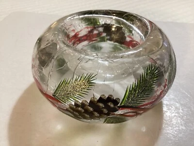 YANKEE CANDLE Crackle Glass Pine Cone Florals Tea Light HOLDER 4” NEW