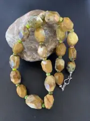 Green Nugget Turquoise Faceted Navajo Sterling Silver Necklace 21" 01494
