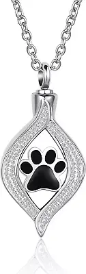 Dog Cat Black Paw Print Urn Necklace for Ashes Pet Cremation Stainless Steel Mem
