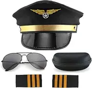 Pilot Hat,Epaulets,Sunglasses with Case-Costume Accessory for Masquerade Party,Pilot Costume Accessories Set