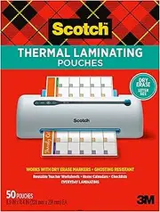 Scotch Dry Erase Thermal Laminating Pouches, 50-Pack, Works with Dry Erase Markers, Reuseable Worksheets, Calendars, Checklists, 22.61 x 28.96 cm, Letter Size, Clear Professional Finish (TP3854-50DE)