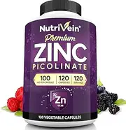 Nutrivein Premium Zinc Picolinate 100mg - 120 Capsules - Immunity Defense Boosts Immune System & Cellular Regeneration - Maximum Strength Bioavailable Supplement - Essential Elements for Absorption
