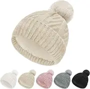 [Hebenie] Bobble Hat Women - Fleece Lined Beanie Hats Thermal Knitted Wooly Winter Hats Ladies Cable Knit Hats with Faux Fur Pom Pom