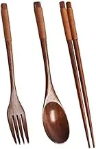 Wooden Flatware Set, Wooden Portable Set Spoon Fork Chopsticks Tableware Dinnerware with Khaki Twining Thread