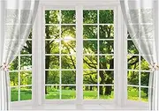 Allenjoy 7x5ft Spring Window Scenery Photography Backdrop White Windowsill Floral Green Forest Natural Photocall Background Party Banner Wall Decor Newborn Baby Kids Family Photo Shoot Booth Props