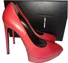 Saint Laurent Pumps Red Leather Pointy Toe Platform Janis Shoes 39.5- 8.5 YSL