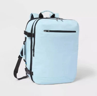 Open Story 35-46.5L Expandable Backpack Light Blue w/Black Trim for Travel
