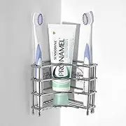 Linkidea Silver Toothbrush Holder for Corner Wall Mounting, Self-Adhesive Triangular Corner Shower Caddy, Stainless Steel Organiser for Electric Toothbrushes and Toothpaste