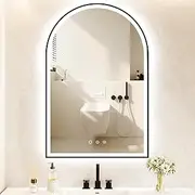 OUMUSU 60x90cm Arched LED Bathroom Mirror with Lights, Wall-Mounted Black Arch Mirror, Anti-Fog, Dimmable, 3 Colors