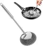 Stainless Steel Scrubber Dish Brush With Handle, Kitchen Cleaning Metal Dish Scrubber, Kitchen Steel Wool Pot Scrubber, Metal Scrubber Dish Scrub Brush For Cleaning Dishes Pots, Pans, Grills (long)
