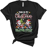 [Generic] This is My Christmas Pajama Shirt, Cute Plaid Three Santa Playing Drum, Drum Player Group Unisex T-Shirt