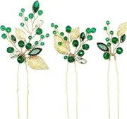 Crystal Wedding Hair Pins Emerald Green Rhinestone Gold Leaf Vine Bridal Hair Piece Accessories for Party Women Girls (Pack of 3) (Emerald Green)