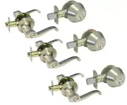 3 Entry Door Locks Deadbolt Satin Nickel Brushed Nickel Lever Handle Keyed alike