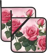 Pink Roses Potholders BBQ Pot Holders for Heat Resistant Potholder, Hot Pads,Cooking Baking(2-Pack)