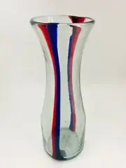 Anthropologie Carafe Vase Clare V Signed Clear Blue Red Stripe Recycled Glass