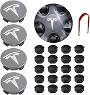 Tesla Model 3 Wheel Center Hub Cap Kit, Y, S & X Wheel Cap Kit Center Cap Lug Nut Covers (4 Hub Center Caps + 20 Wheel Lug Nut Covers) Grey&Silver Tesla Accessories