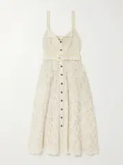 [Saloni] Saloni - Fara Belted Broderie Anglaise Cotton Midi Dress - Cream - UK 10 UK 10 Cream