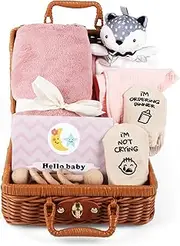 Baby Shower Gifts, Newborn Baby Gifts for Girls Boys, 7 PCS New Born Baby Gifts Essential Stuff includes Basket, Pink Blanket, Bib, Socks, Wooden Rattle, Fox Plush Toy and Greeting Card (Pink)