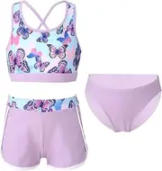 [iiniim] Kids Girls 3 Pieces Floral Print Tankini Swimsuit Tank Crop Top with Shorts and Briefs Set Holiday Summer Beachwear