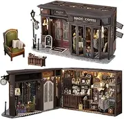 Cjeuxnr Miniature Vintage Magic Coffee Shop Dollhouse kit, DIY Wooden Crafts Creative Room with Furniture and Dust Cover Handmade Set, Idea Adult Friend Lover