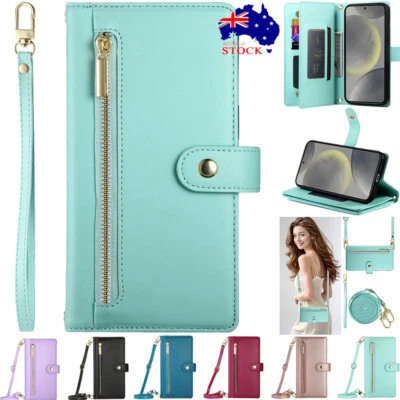 Fr Samsung S25 S24 Plus Ultra S23 S22 S21 S20 Zip Wallet Case Flip Cover W/Strap