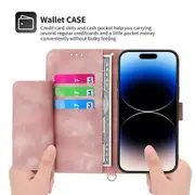 For iPhone 14 Pro Max Case, Leather Wallet Flip Case With Strap - Pink