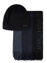 New Mens Kenneth Cole Reaction Navy Knit Beanie and Striped Scarf 2 pc Set