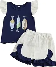 [Suolongsama] Toddler Kids Girl Summer Clothes Fish Embroidery Flutter Sleeve Top Ruffle Plaid Shorts 2Pcs Fishing Outfit