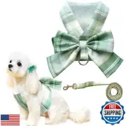 UETZLTB Cute Dog Harness and Leash Set with Bow Tie Soft Mesh Plaid Girl Pupp