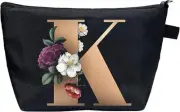 Letter Comestic Bag Gold Alphabet with Flower Makeup Bag Portable Travel Stuff