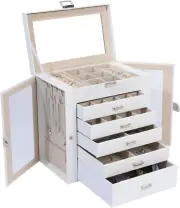 6 Layer Large Jewelry Boxes with Mirror，Multifunctional 5 Drawers Jewelry Box Or