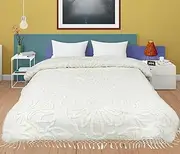 Yarra Textiles Luxury White 100% Cotton Quilt with Elite Fringe on Three Sides, Super Warm, Bedding Queen Big Size Soft Microfiber Lightweight Coverlet Bedspread Summer Comforter Bed Cover