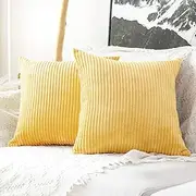MUDILY Pack of 2 Decorative Pillow Covers Decor Supersoft Striped Velvet Throw Toss Pillowcase Cushion Cover for Chair Sofa Bedroom Car, Light Yellow 16 x 16 inch 40 x 40 cm