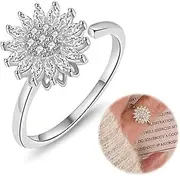 [HYRKOTW] Fidget Ring, Anxiety Ring, Anxiety Spinning Rings for Women, 925 Silver/Gold Women's Rings, Open Rings, Fidget Spinner Rings, Zirconia Fidget Rings, Adjustable for Stress Relief (Sunflower, B)