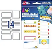 Avery Durable Assorted A6 Kids Labels - School Stickers - Home Storage & Organisation - Emoji Design, 42 Labels / 3 Sheets (41418)