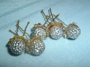 5 Flower Girls Hair Pins Silver Glitter Balls 1.5" New w Tags