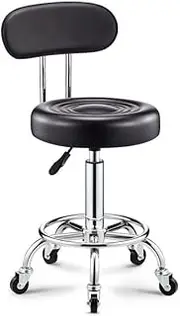 [TOMVAES] Rolling Stool with Back,PU Leather Height Adjustable Swivel Task Chair with Footrest for Home Office,Salon,Spa,Black