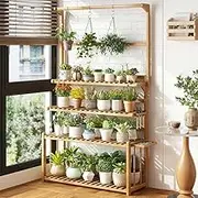 Bamboo Hanging Plant Stand Indoor Outdoor, 4 Tier Ladder Plant Shelf with Hanging Rod for Multiple Plant, Floor Standing Flower Pot Display Organizer for Patio Balcony Porch Living Room