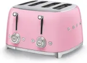 Smeg 50's Style Retro Aesthetic 4 Slice Toaster 6 Presets Extra 4 Slice, Pink
