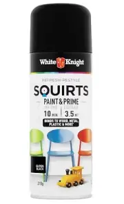 White Knight PAINT & PRIME SQUIRTS 310g SPRAY,Acrylic Enamel Formula GLOSS BLACK
