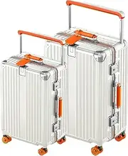 [GGQAAA] Luggage Sets 2 Piece Aluminum Frame Composite PC Material Suitcase Sets with TSA Luggage Lock Silent Injection and Washable Skating Wheels Lightweight (White+Orange Wheels, 20‘’28‘’)