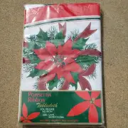 New Vintage Christmas Oval Center Ring Design Poinsettia Ribbon Tablecloth 60x84