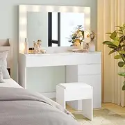 ADVWIN Dressing Table Stool Set with Large Make up Mirror 12 LED Bulbs Vanity Desk with 4 Storage Drawers and 1 Cabinet for Women Girls Kids Wooden Home Bedroom Furniture White