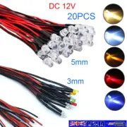 20X DC 12V 3mm/5mm Pre Wired LED Lamp Light Emitting Diode Red Orange Warm White