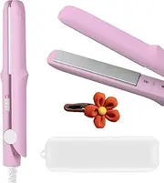 Ynyjzz 2-in-1 Mini Curling Wand & Flat Iron Hair Straightener for Short & Travel Hair, Ceramic Technology, Quick Heat-Up in 10s, Compact and Portable, With Plush Flower Clip, 1x1 inches, Dark Green
